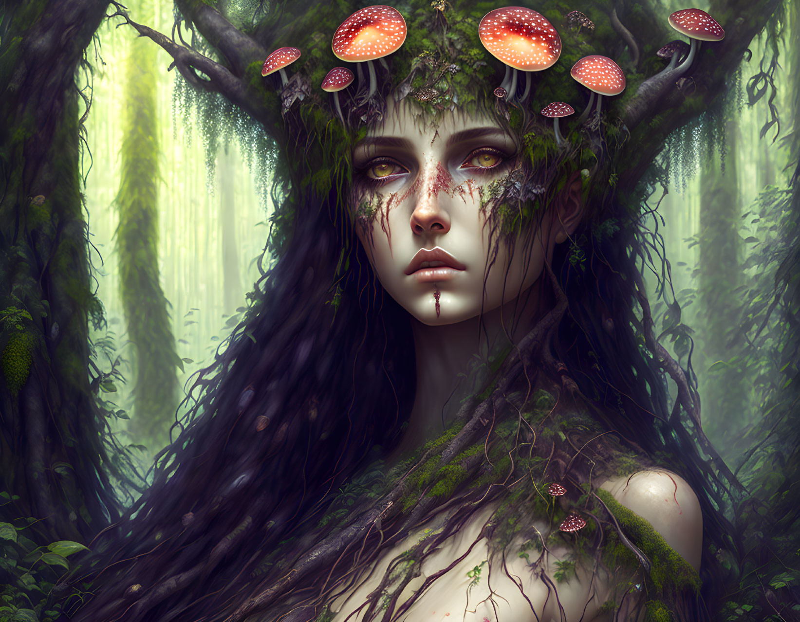 Forest spirit with long dark hair, antlers, and mushrooms in lush greenery