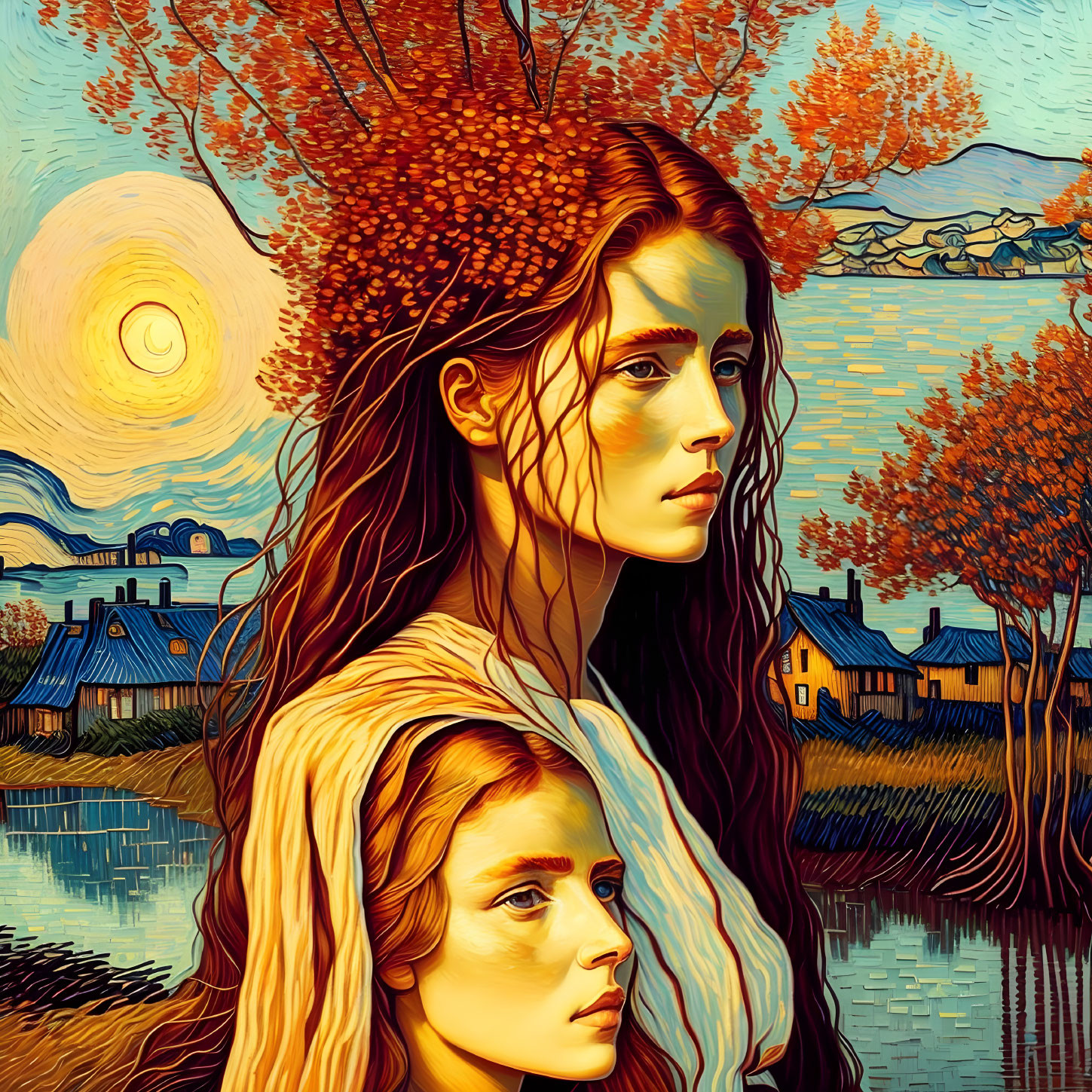 Two women in Van Gogh-style swirls amid autumnal hues and pastoral backdrop