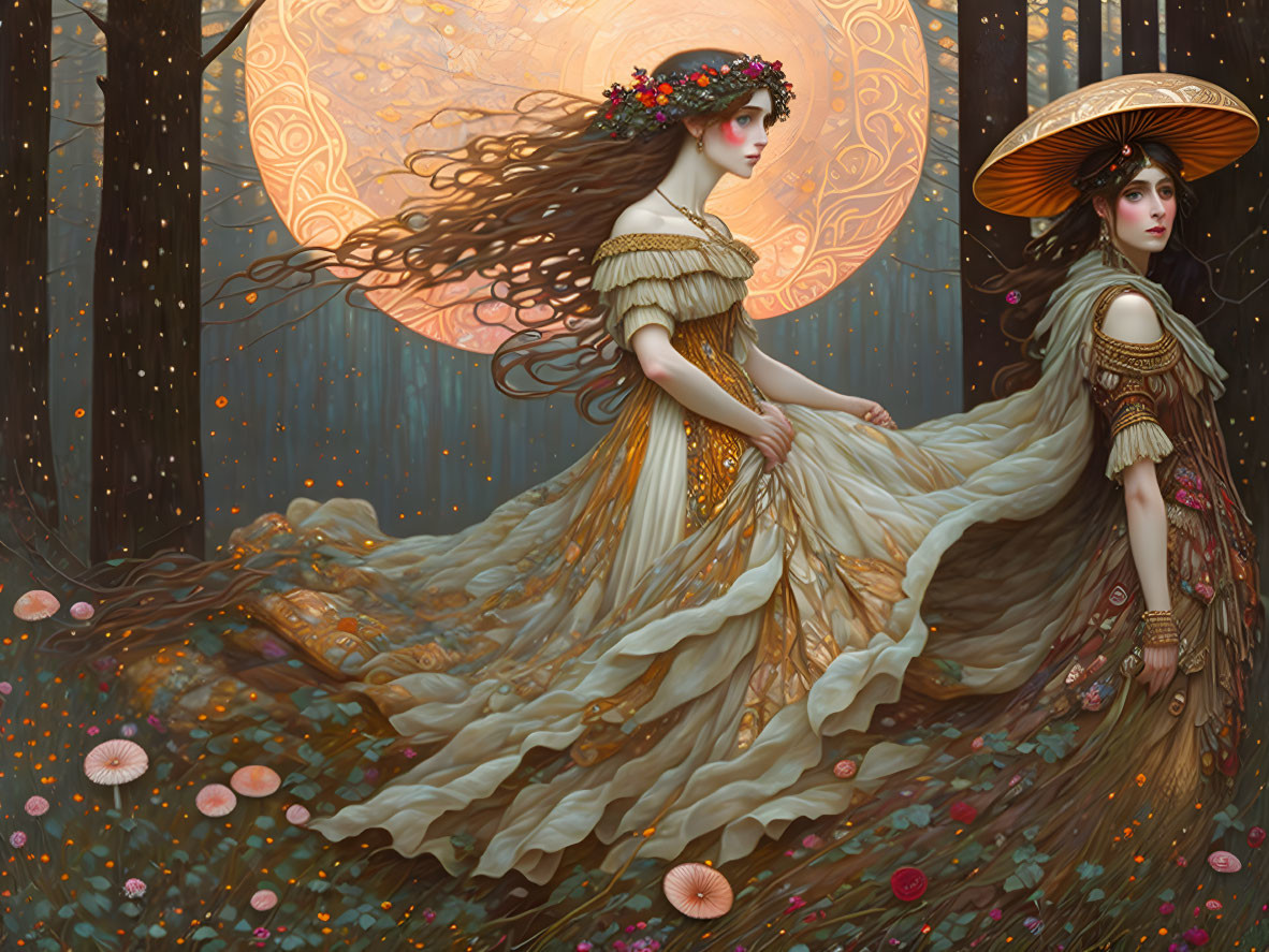 Ethereal women in flowing dresses in mystical forest with oversized moon