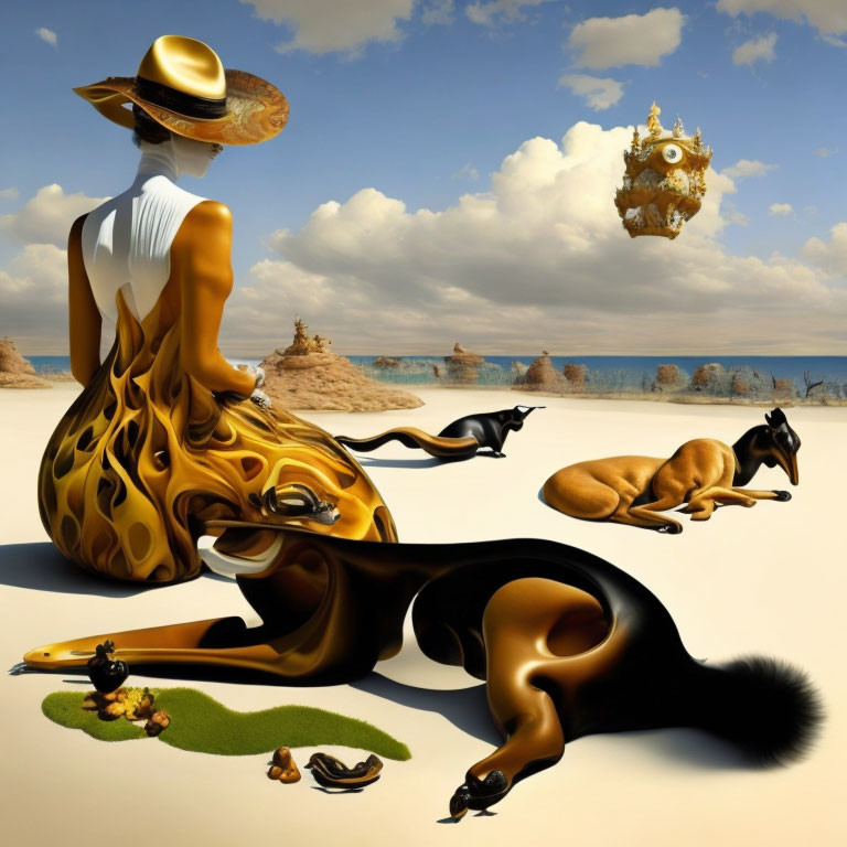 Surrealist image: Woman transforms into fox in desert scene