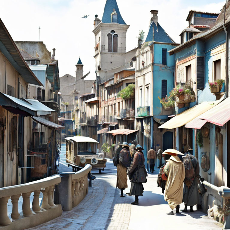 Historical costume street scene with vintage car and rustic buildings