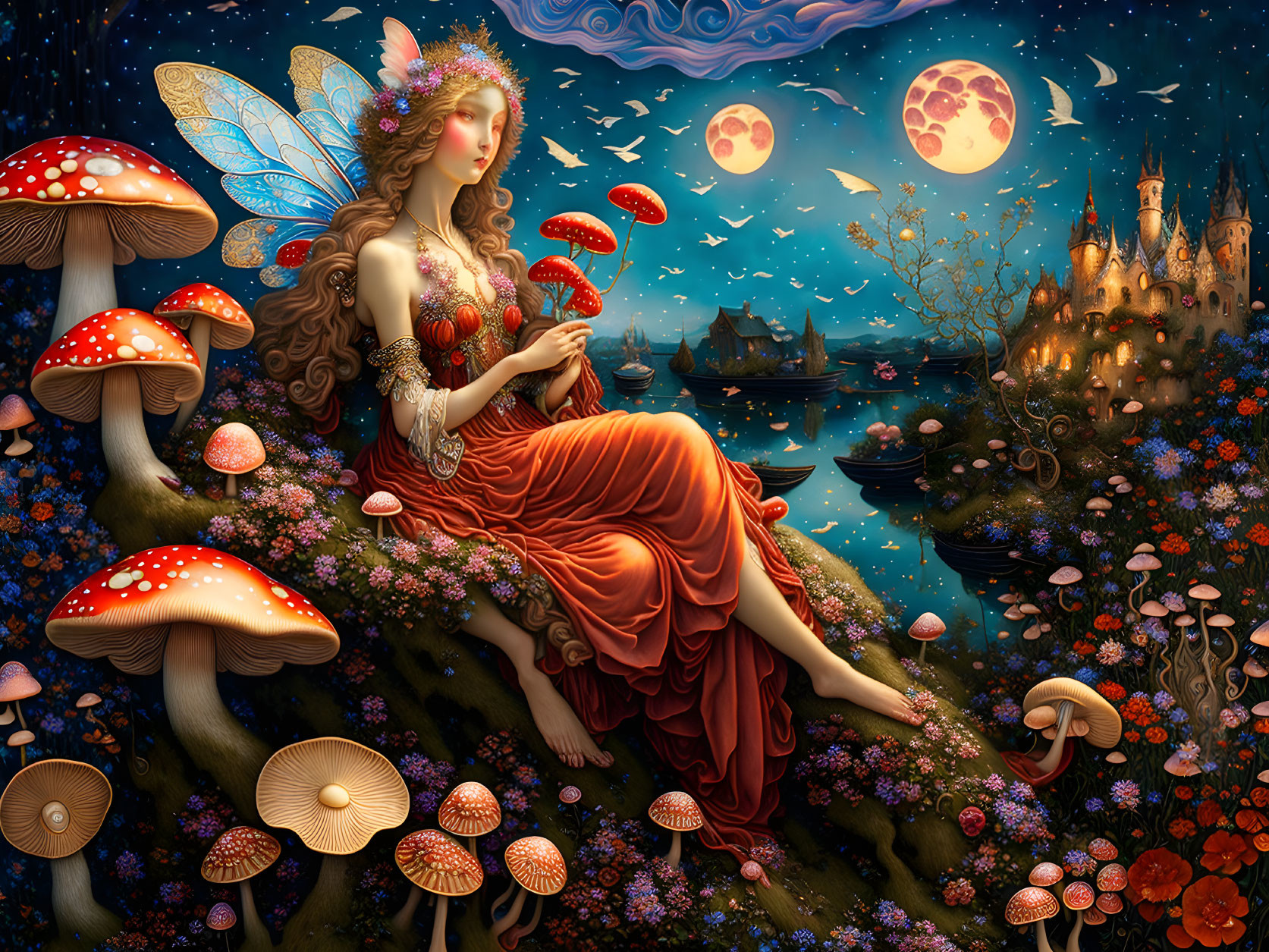 Fantasy artwork of fairy on mossy bank with giant mushrooms and castle.