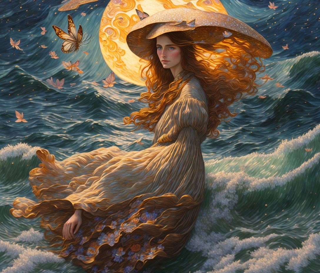 Woman in flowing dress and wide-brimmed hat surrounded by butterflies, moon in background