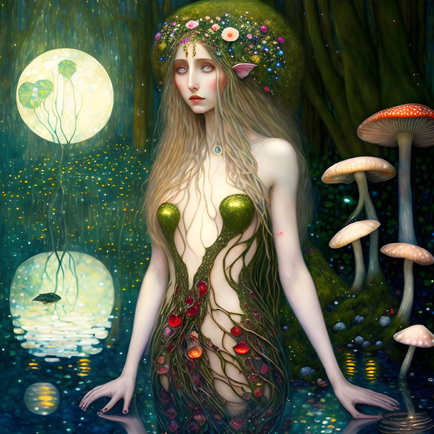 Nature-inspired female figure with greenery and flowers, surrounded by glowing mushrooms and jellyfish