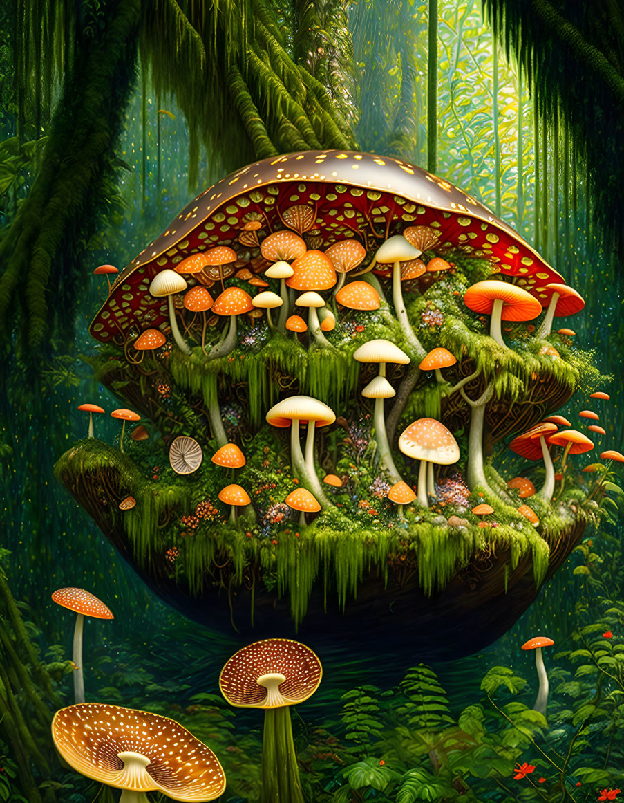 Illustration of a red-capped mushroom house in lush vegetation