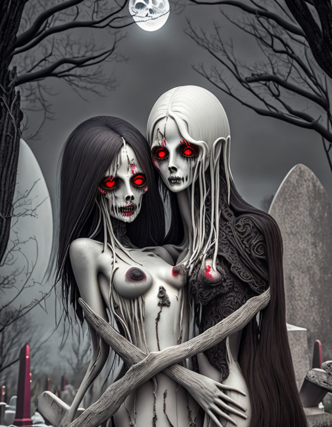 Eerie undead figures embracing in graveyard under full moon