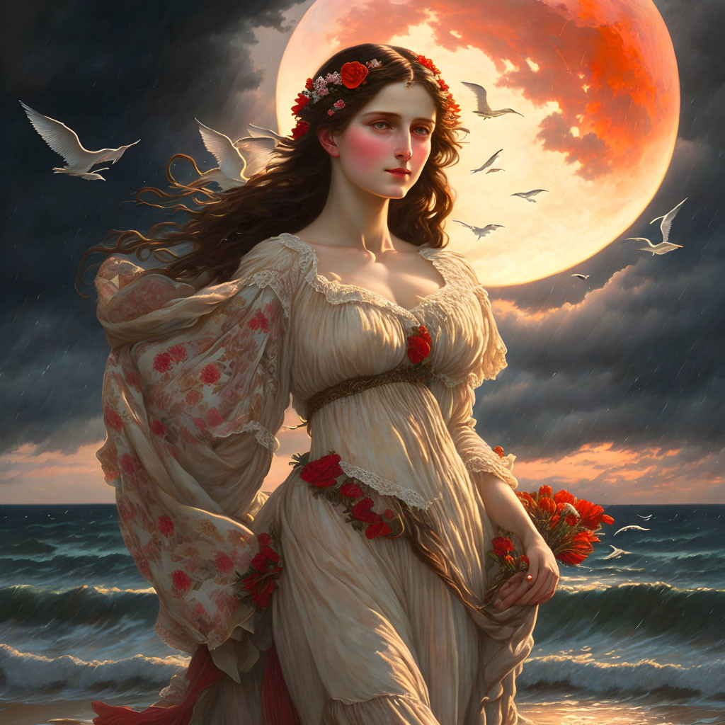 Woman in flowing dress on beach at twilight with red moon and seagulls.