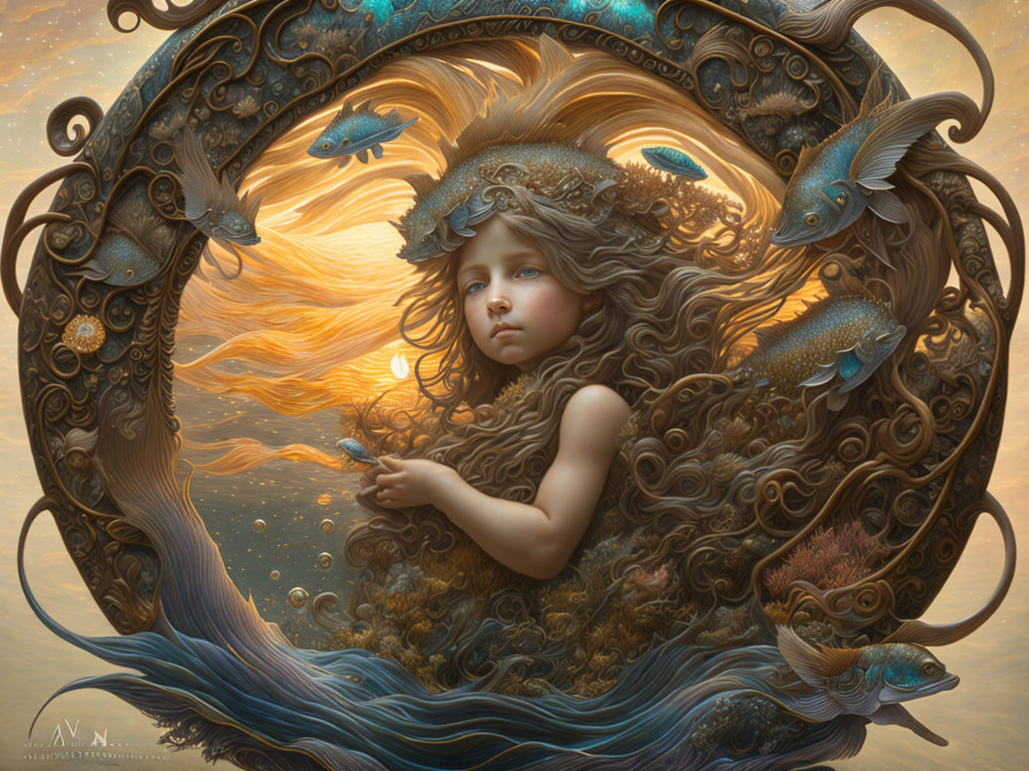 Fantastical painting of young girl with flowing hair in fish-adorned frames against sunset backdrop