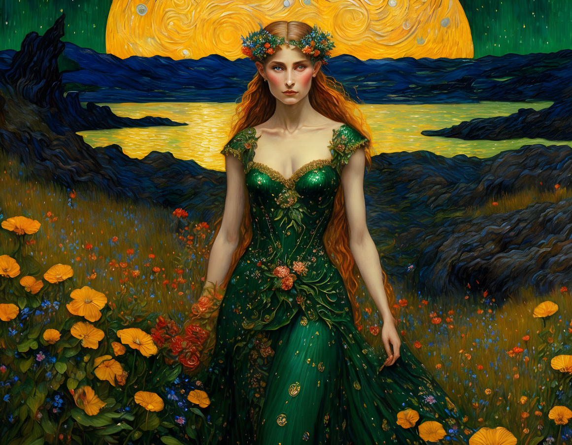 Detailed green dress woman in golden sky with flowers reminiscent of "Starry Night