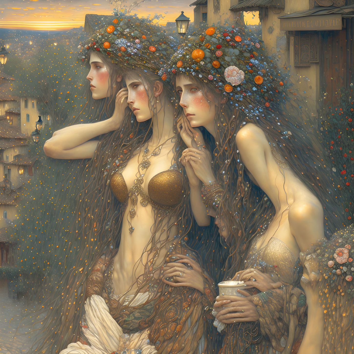 Ethereal women in floral wreaths and golden attire against old-world backdrop