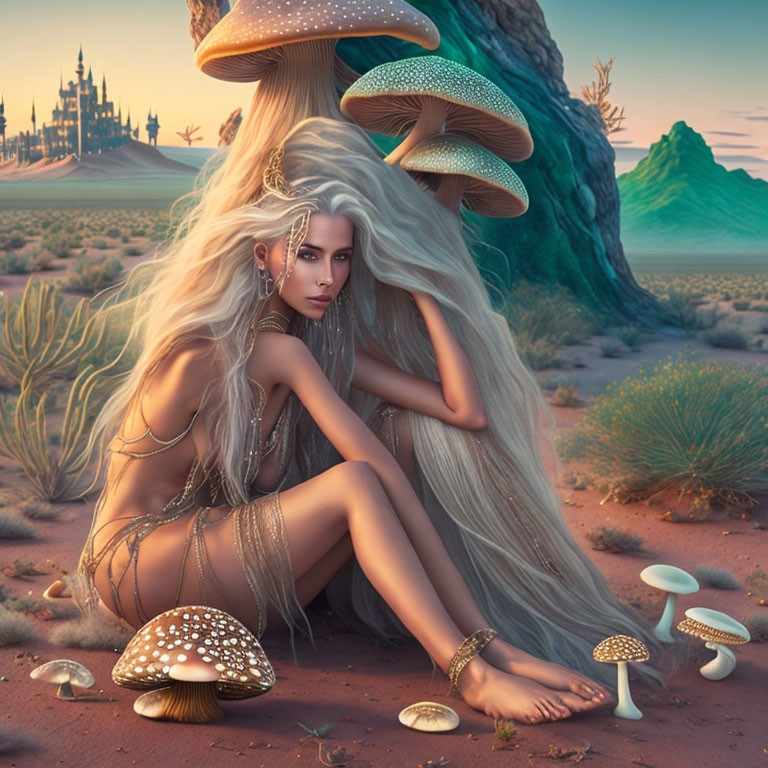 Fantasy Artwork: Woman with White Hair in Desert Landscape