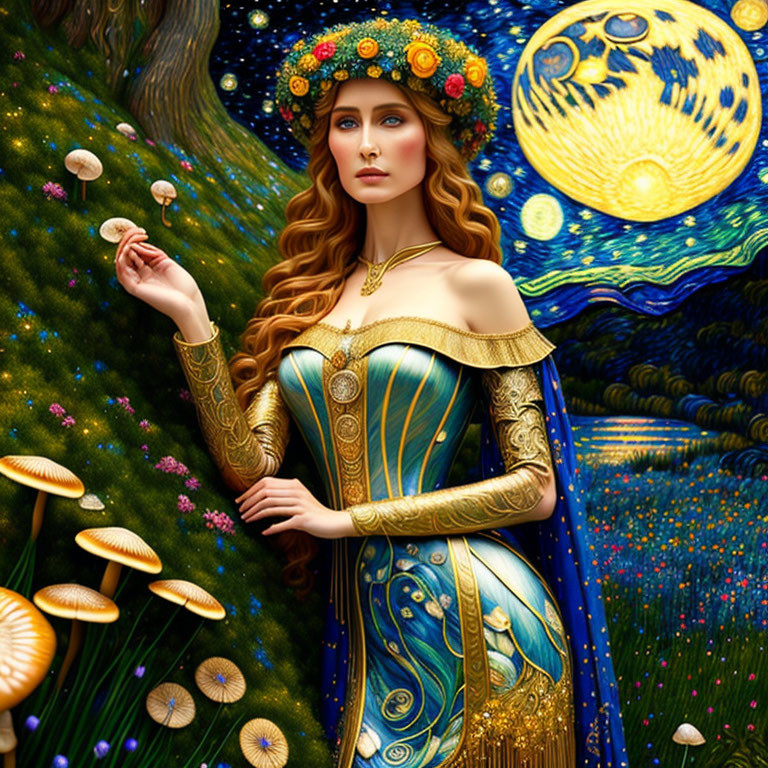 Fantastical woman in golden gown in enchanted forest with moon and stars