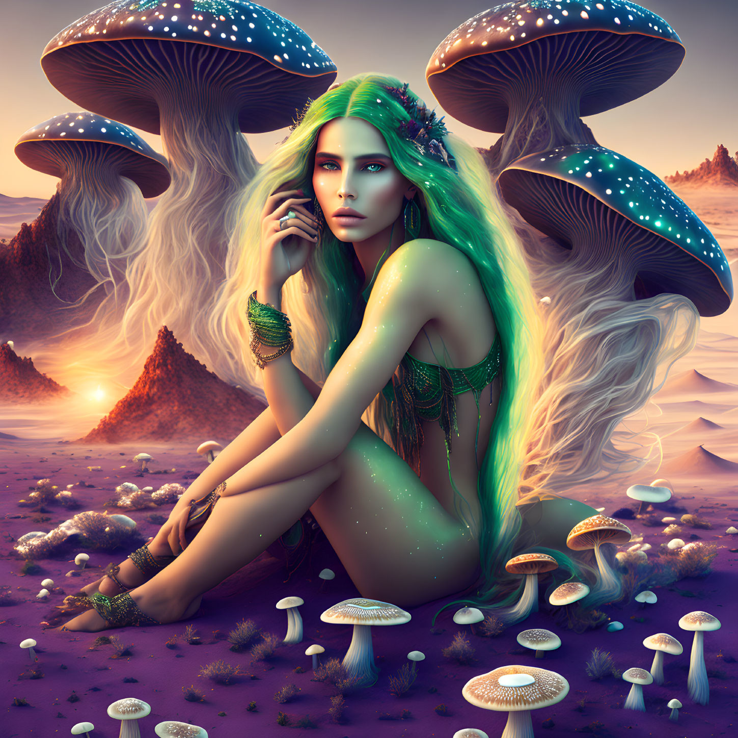 Fantasy illustration: Woman with green hair among giant mushrooms in twilight