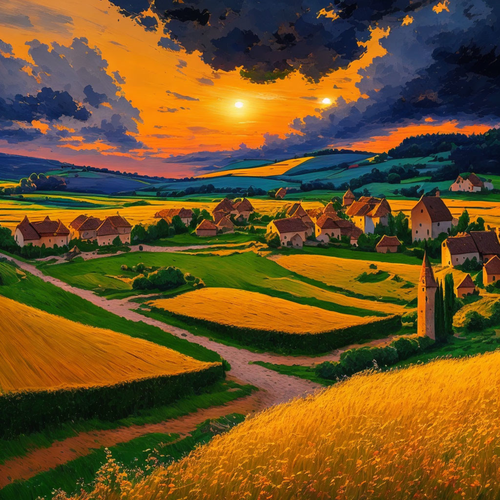 Golden sunset over rural village with church and hills