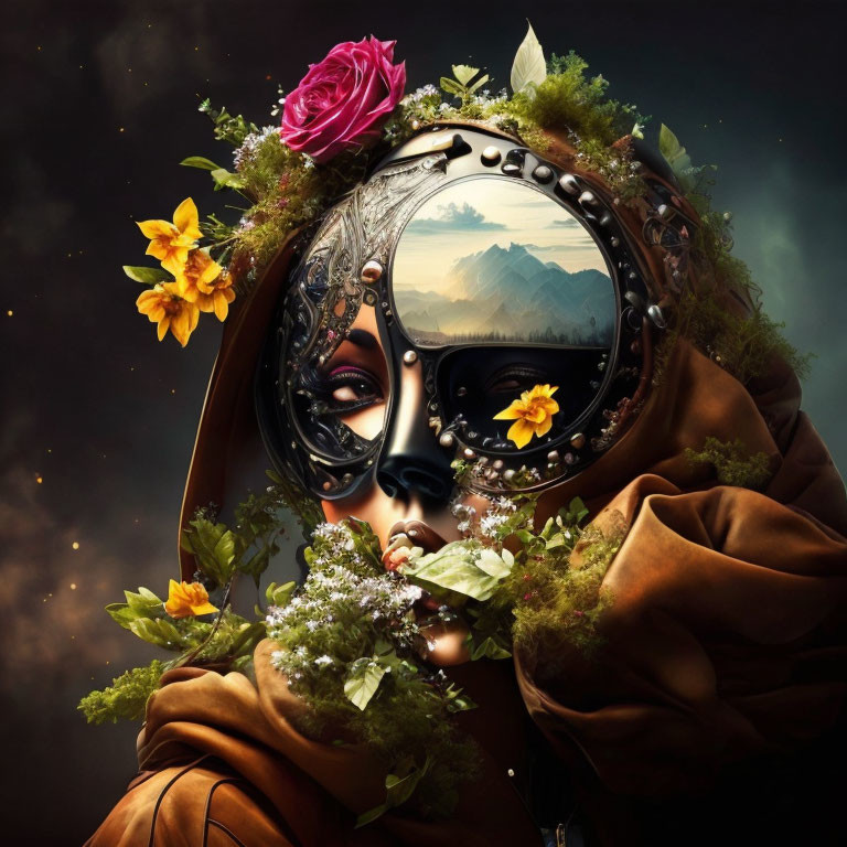 Surreal portrait with floral wreath and mountain landscape motif