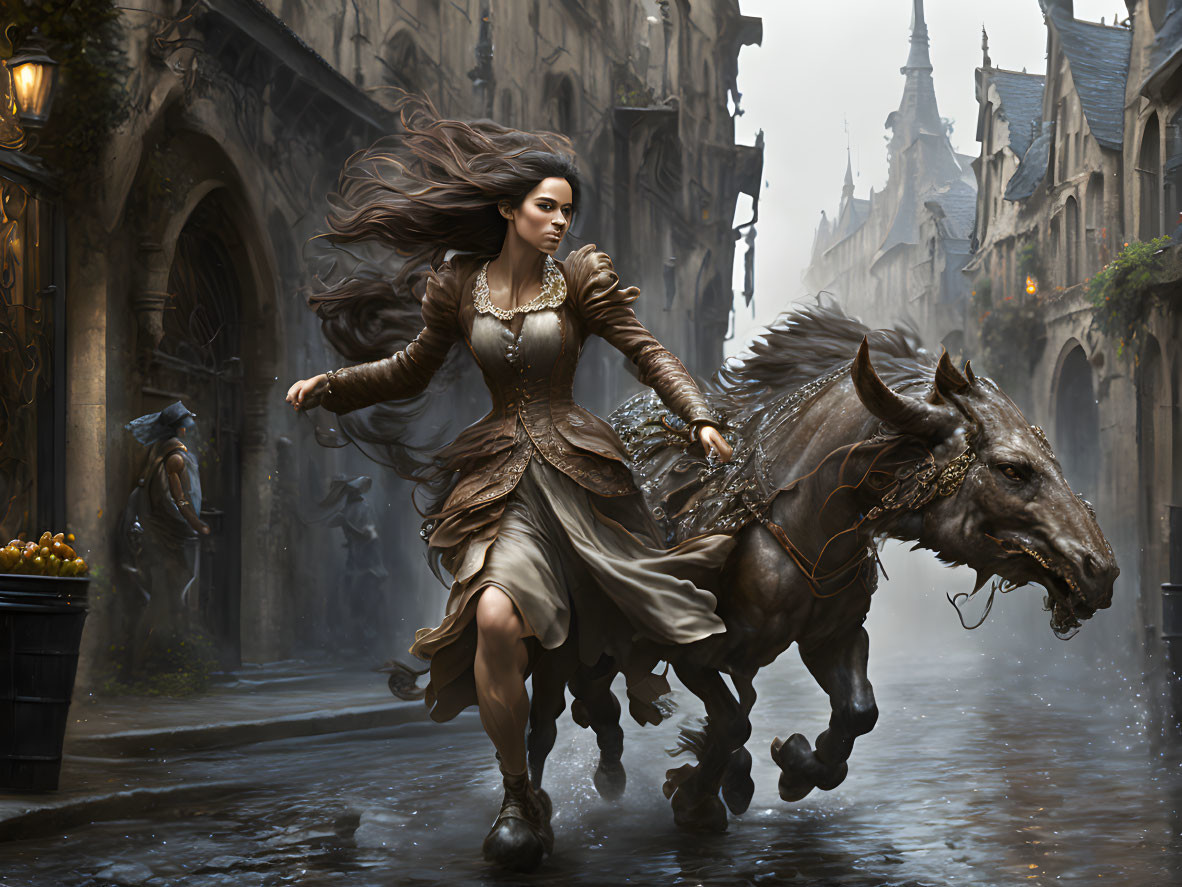 Woman riding boar through medieval street in mist