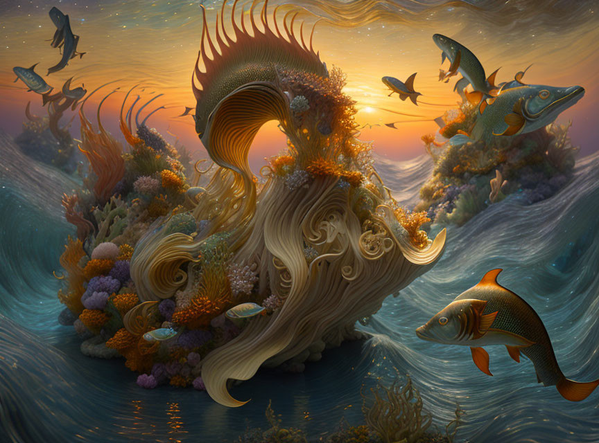 Majestic underwater scene with fantastical creature and fish in warm sunset glow