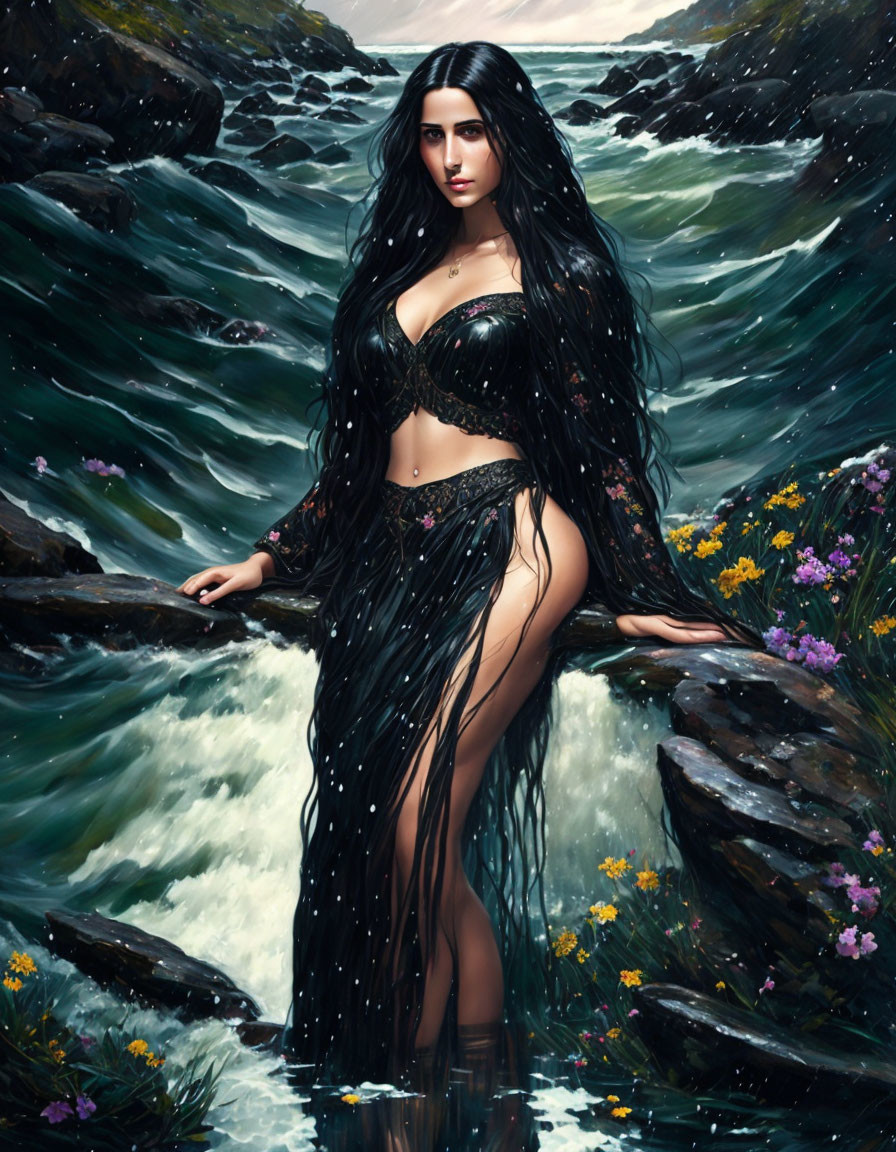 Woman with Long Black Hair Standing by Fast-Flowing River