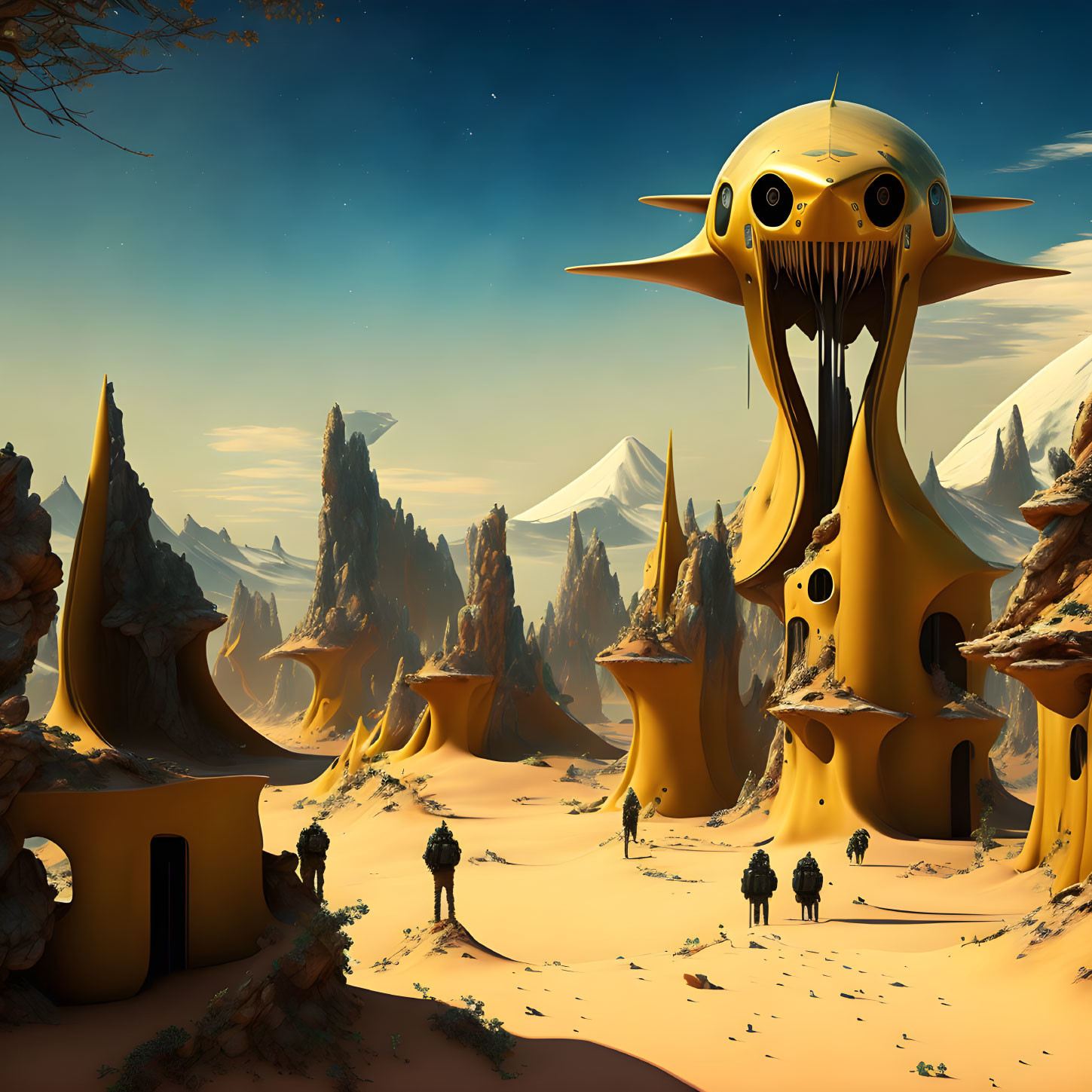 Alien structures in futuristic desert with mountains & figures