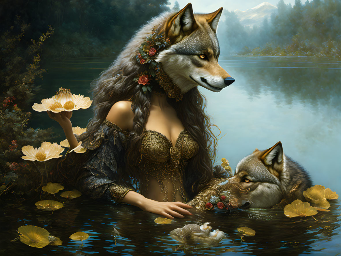 Fantastical image: Wolf-headed woman by tranquil pond