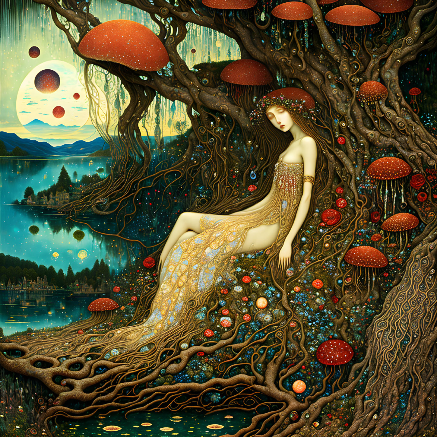 Fantasy illustration: Woman with long hair under tree with red-capped mushrooms in starry night landscape