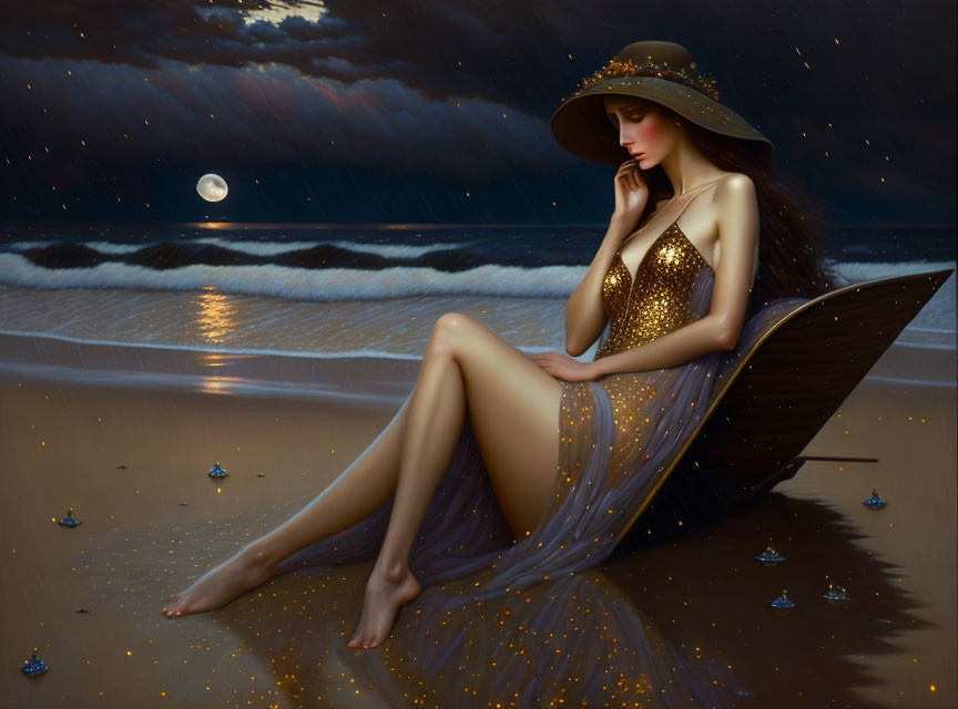 Illustration of woman in glittering dress on moonlit beach boat