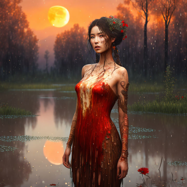 Woman with flowers in hair in mystical forest under golden moon and gentle rain.