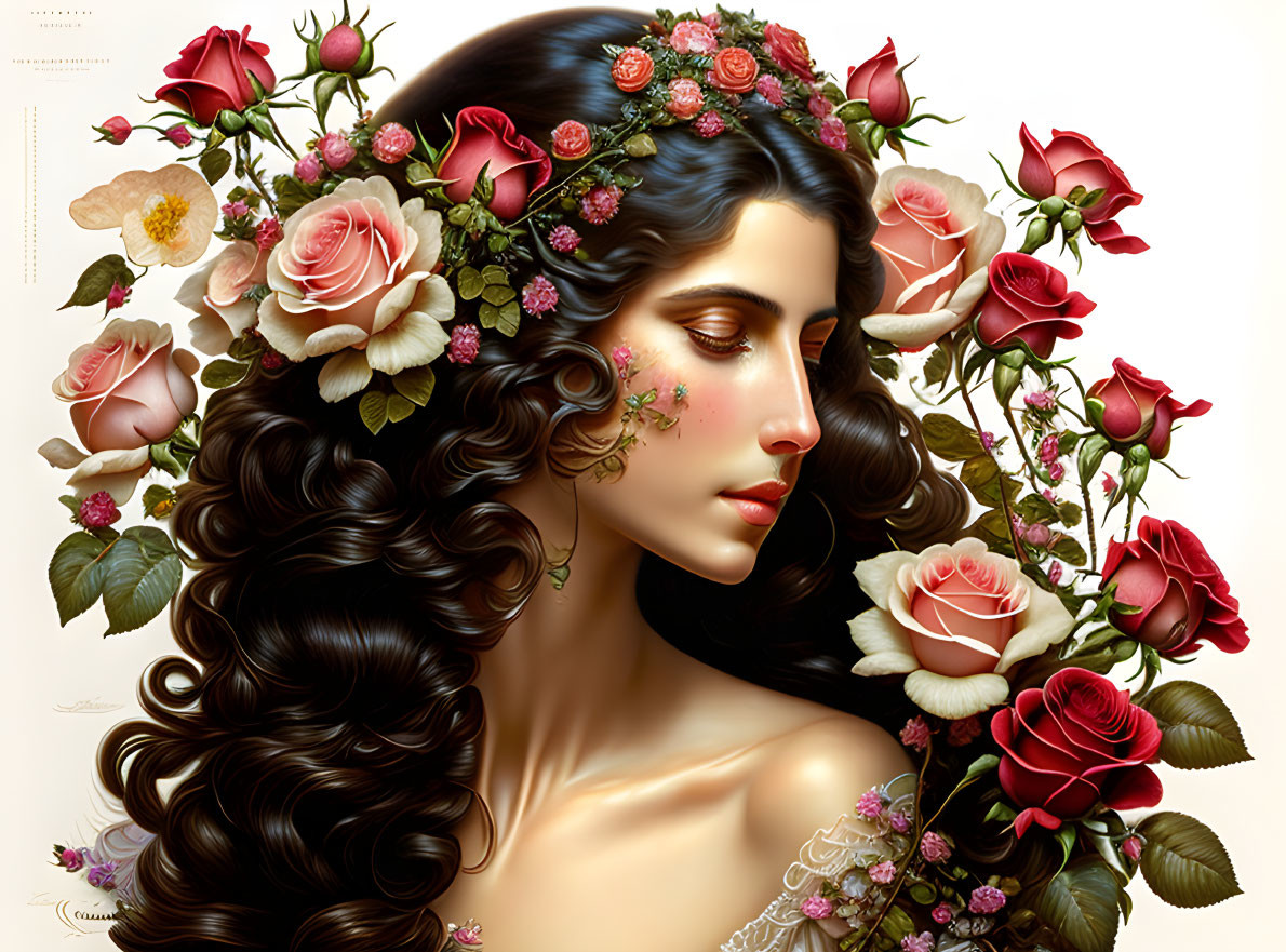 Portrait of Woman with Long Dark Hair and Rose Wreath on Cream Background