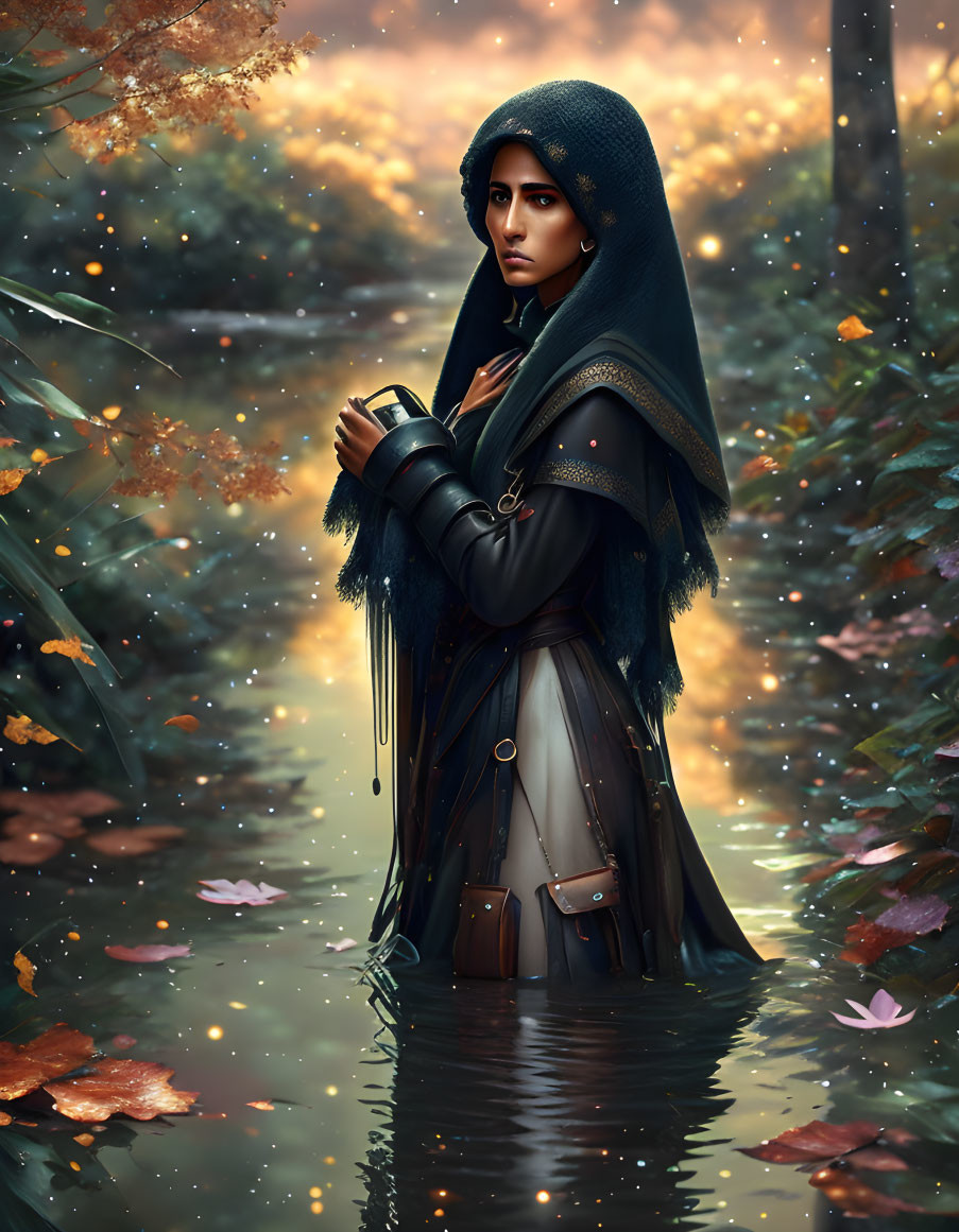 Mysterious woman in hooded cloak with book in misty forest landscape