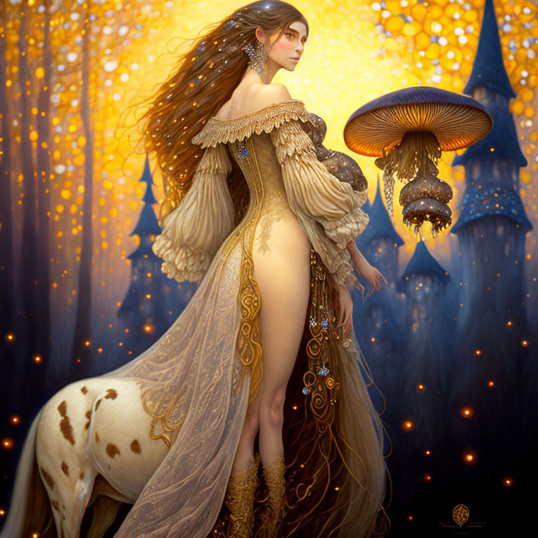 Centaur in elegant fantasy attire among glowing trees and mushrooms