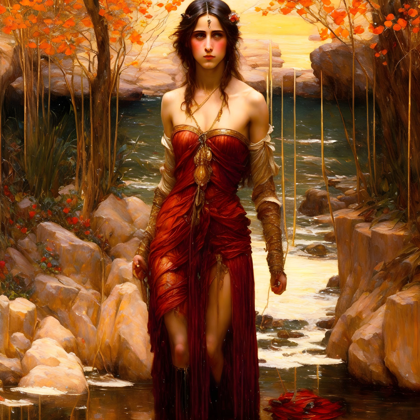 Woman in Red Dress Standing in Creek Surrounded by Orange Foliage