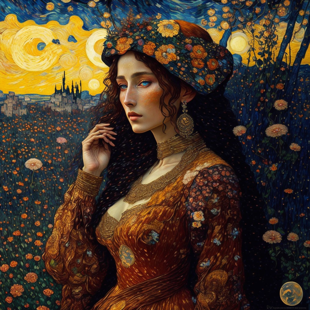 Blue-eyed woman in floral hat and ornate golden dress against Van Gogh-inspired background