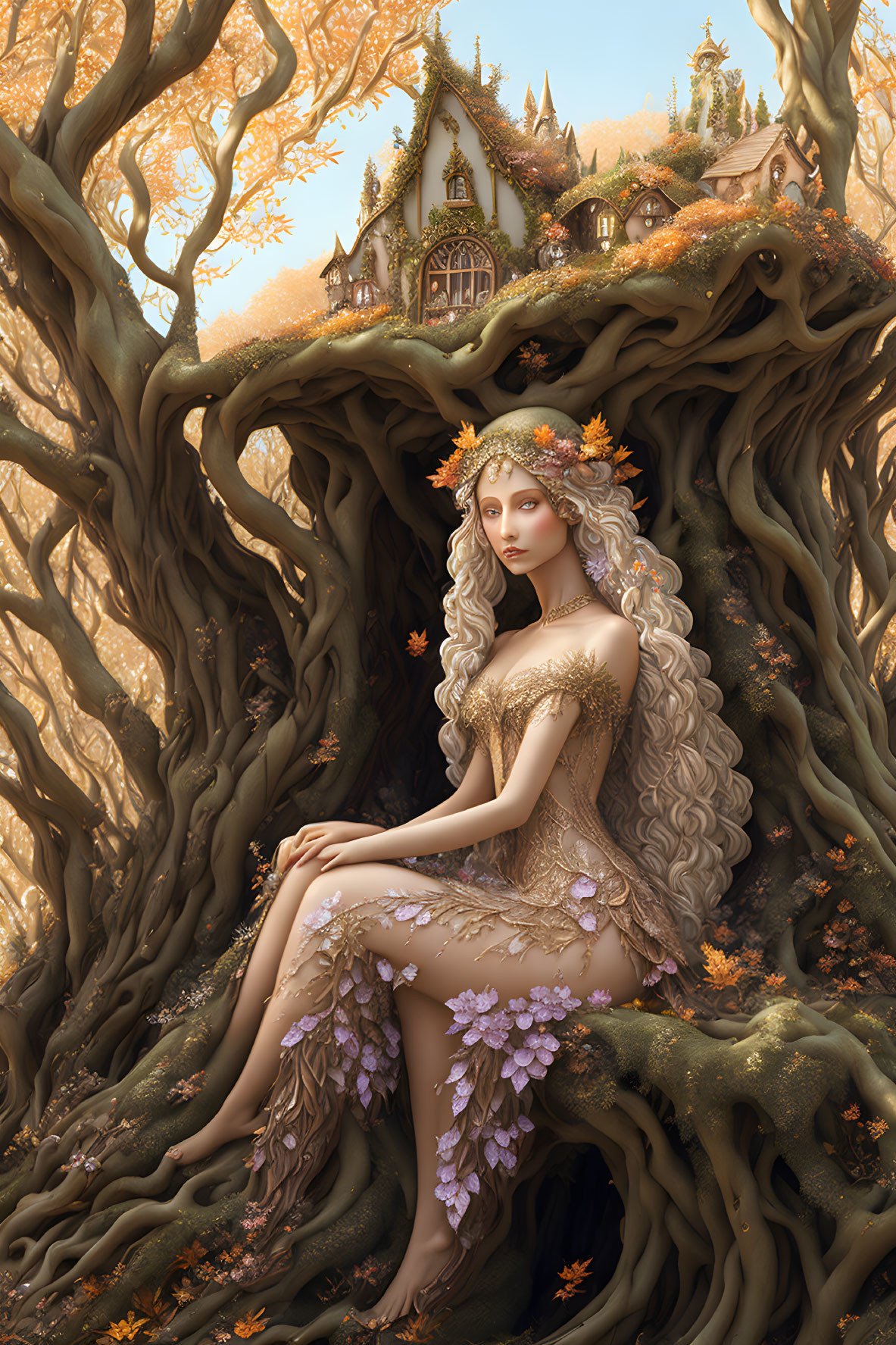 Ethereal woman with golden hair in fantasy setting under majestic tree