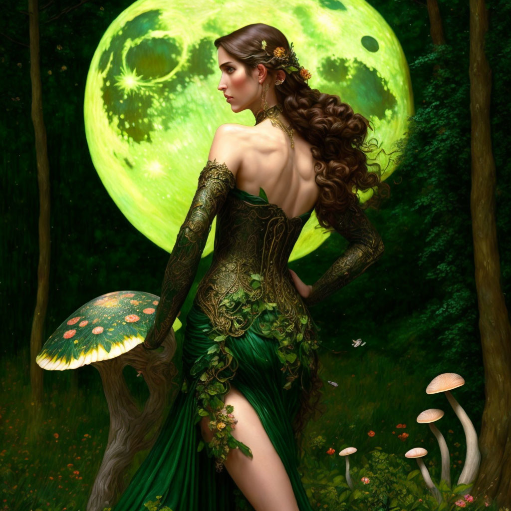 Woman in green fantasy dress under glowing green moons in forest