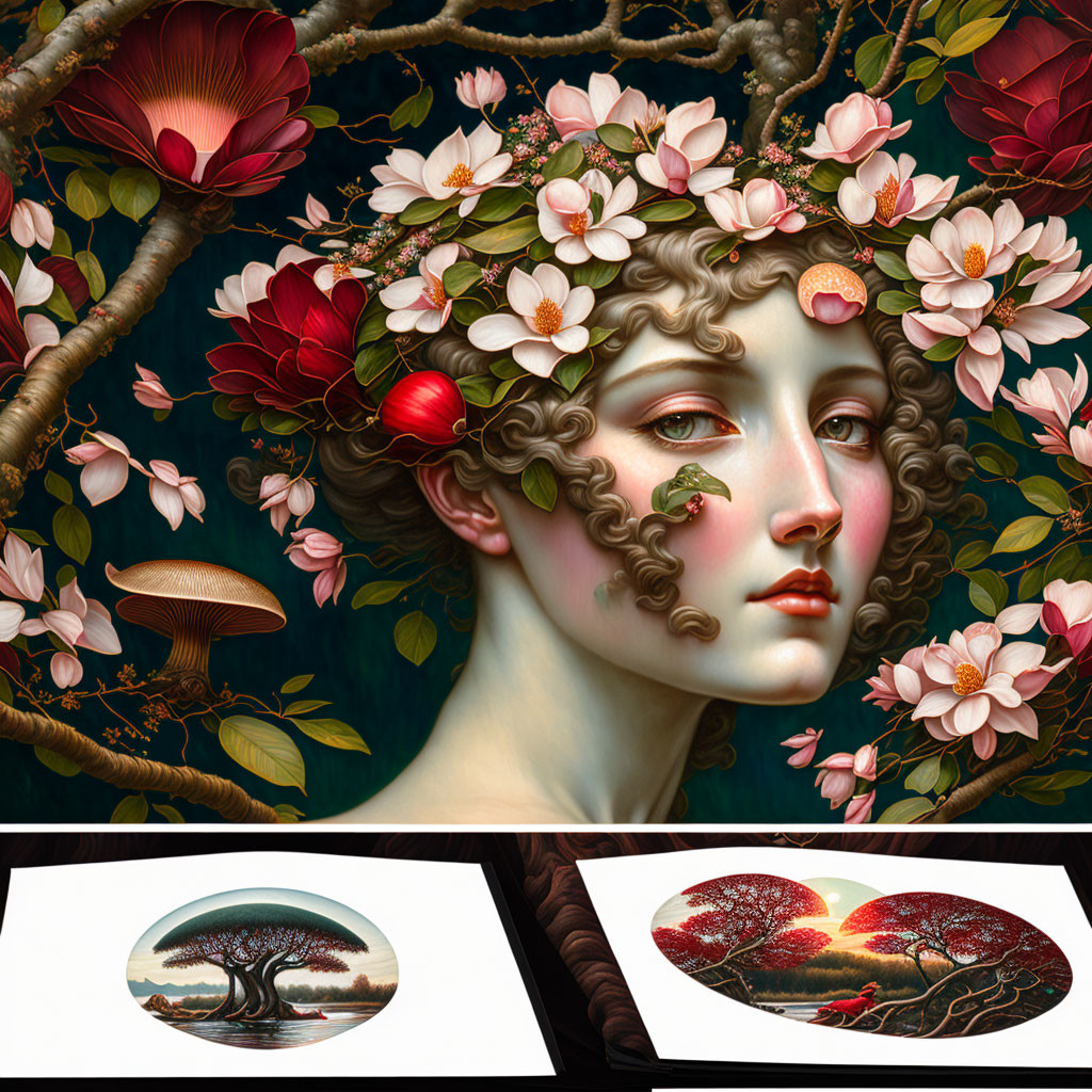 Surreal portrait of woman with floral hair and mushroom, stylized landscapes included