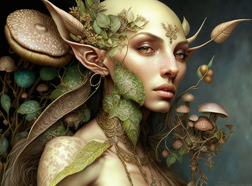 Fantasy illustration: Female with elfin features and nature-themed decorations