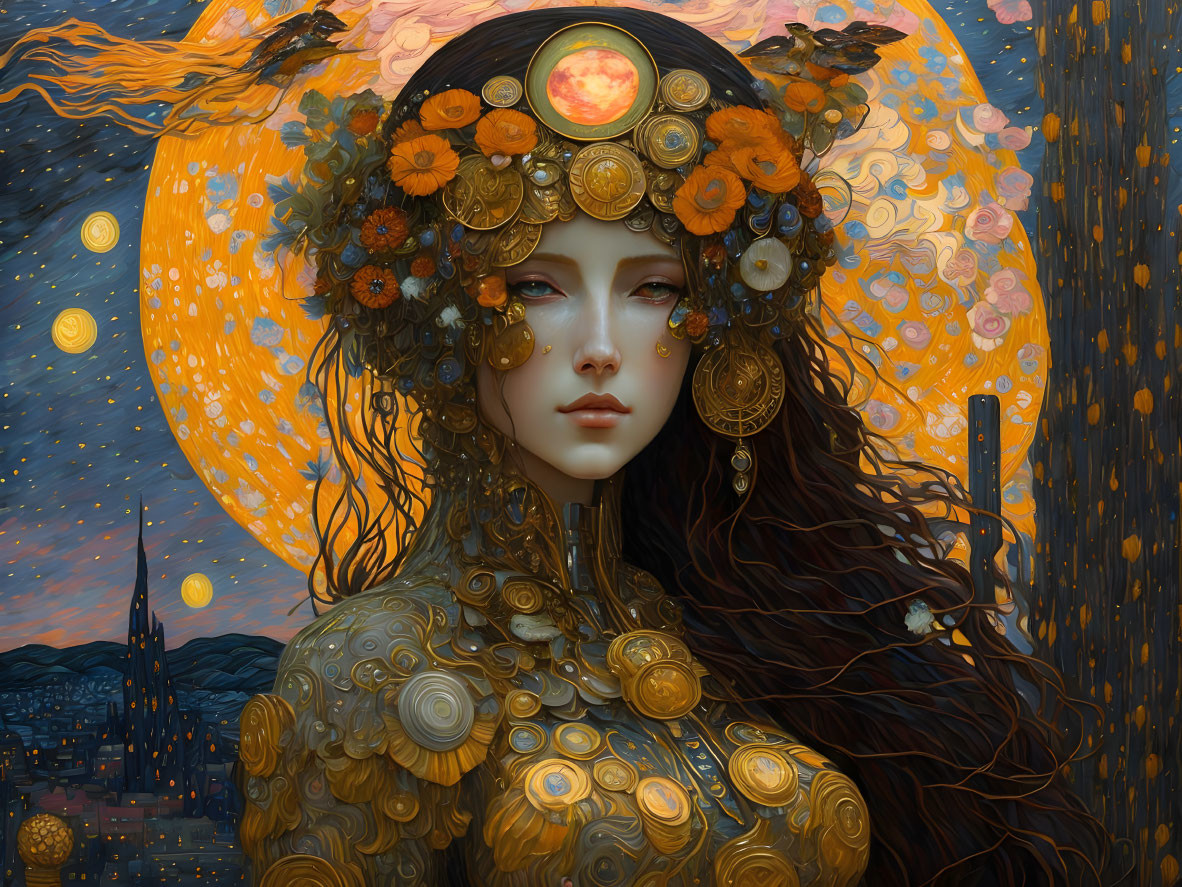 Woman adorned with golden flora accessories under moonlit sky and amber cityscape.