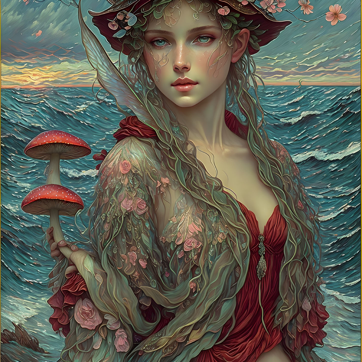 Ethereal woman with vine-like hair and mushroom by sunset sea