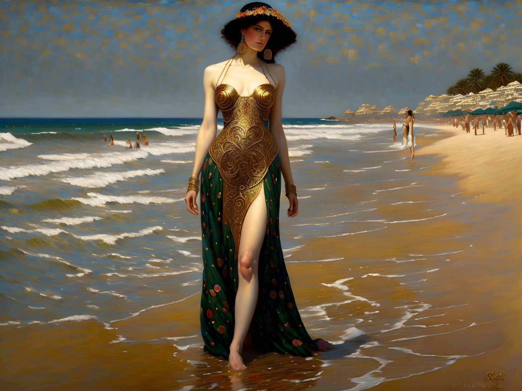 Elaborate gold and green dress woman on beach shoreline