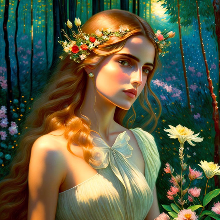 Woman with floral crown in vibrant forest under golden light