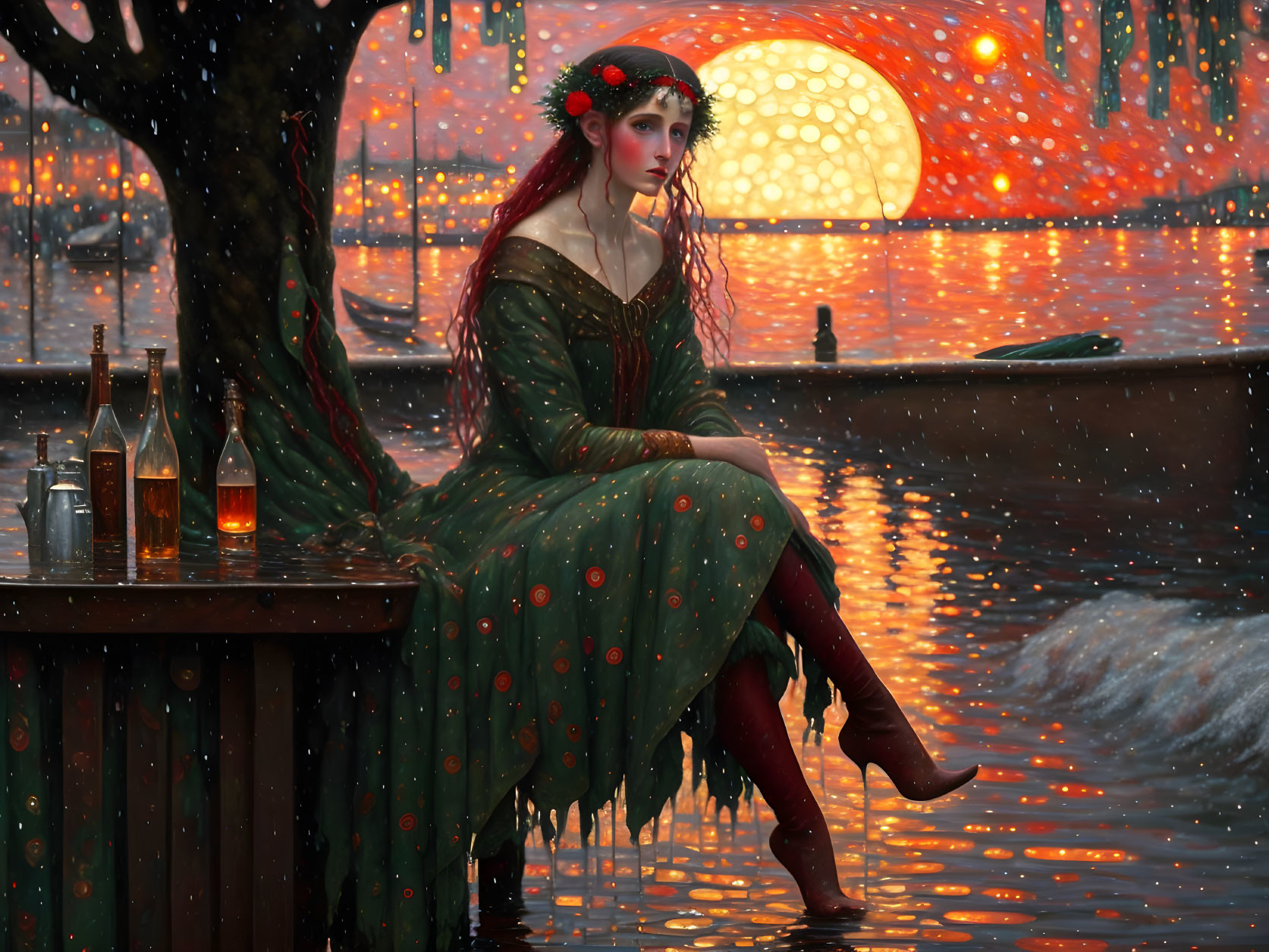 Woman in green medieval dress by water with moon and lanterns