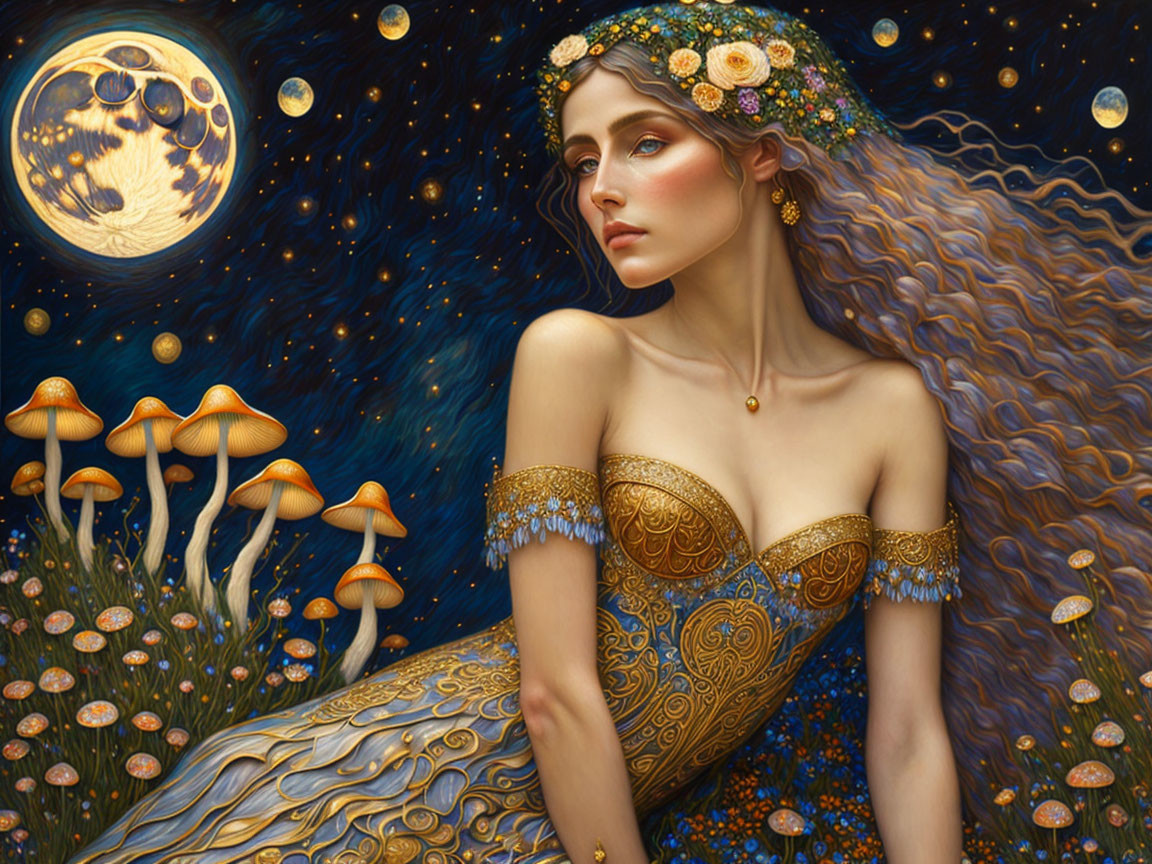 Fantasy-style portrait of woman with flowing hair, dress, mushrooms, starry sky, full moon