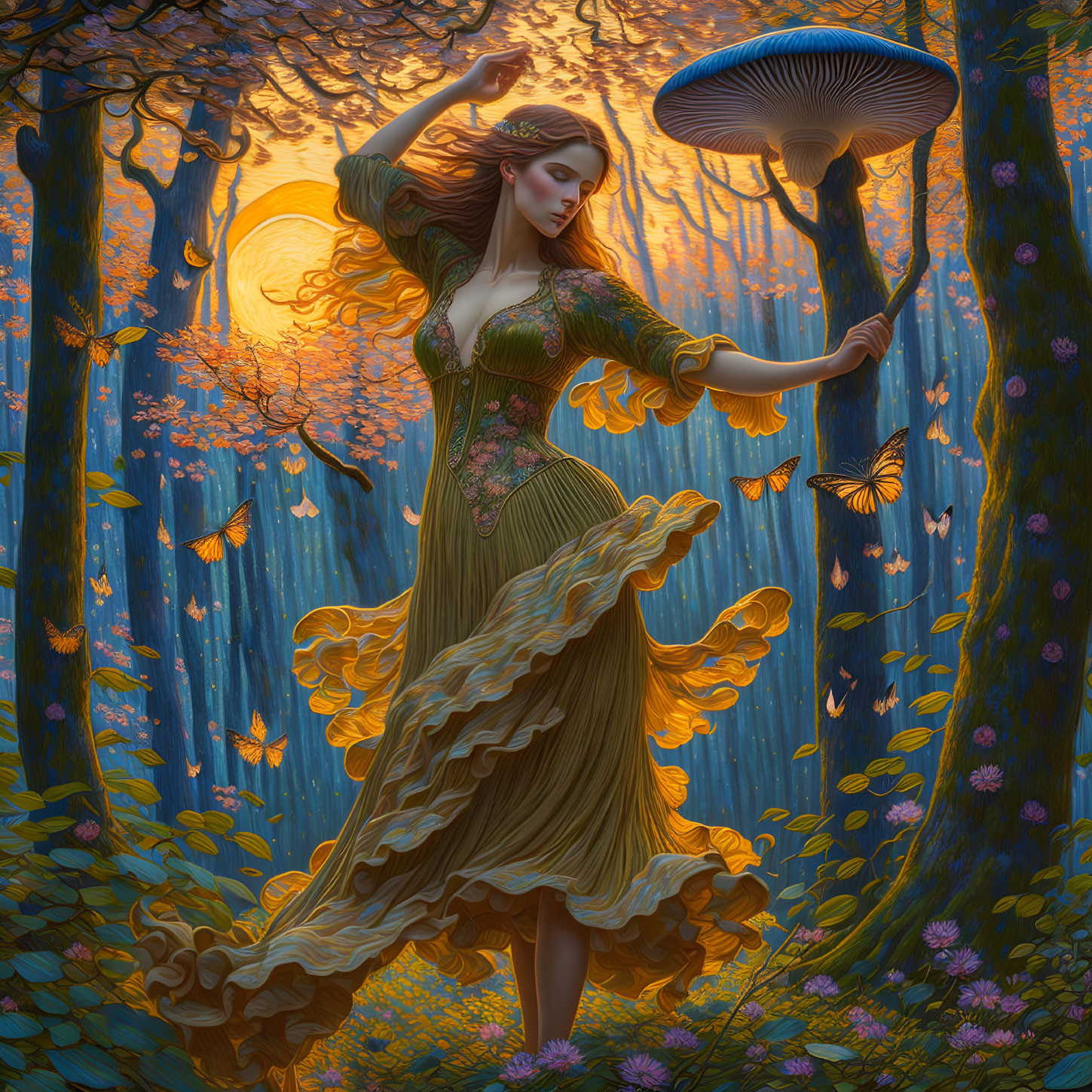 Woman in flowing green dress in enchanted forest with butterflies and giant mushroom.