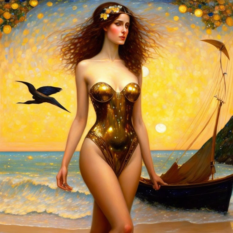 Stylized painting of woman in gold bodice by sea, bird in flight, sailboat at