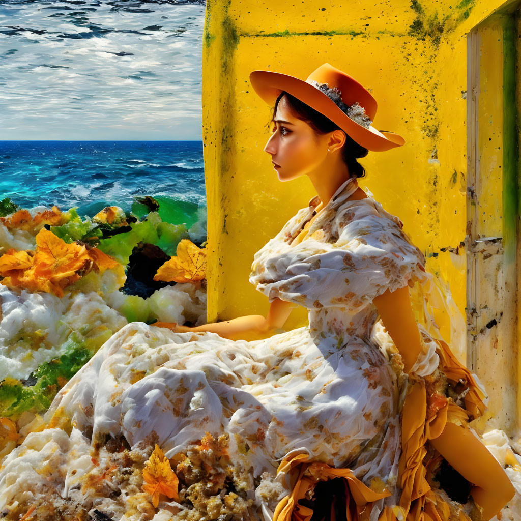 Woman in floral dress and hat by seaside with vibrant blue ocean and sky