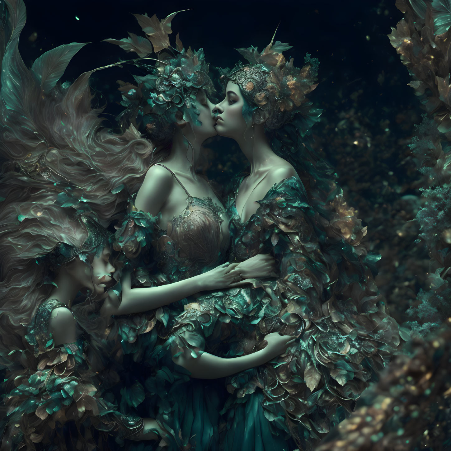 Ethereal figures in green foliage dresses embrace in mystical forest setting