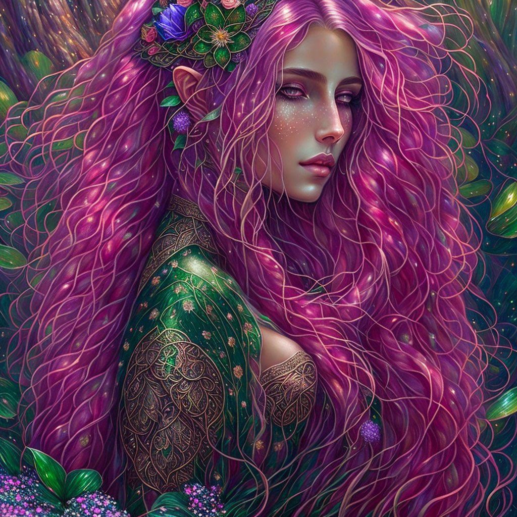 Portrait of woman with long magenta hair, floral accessories, tattoos, against green foliage.