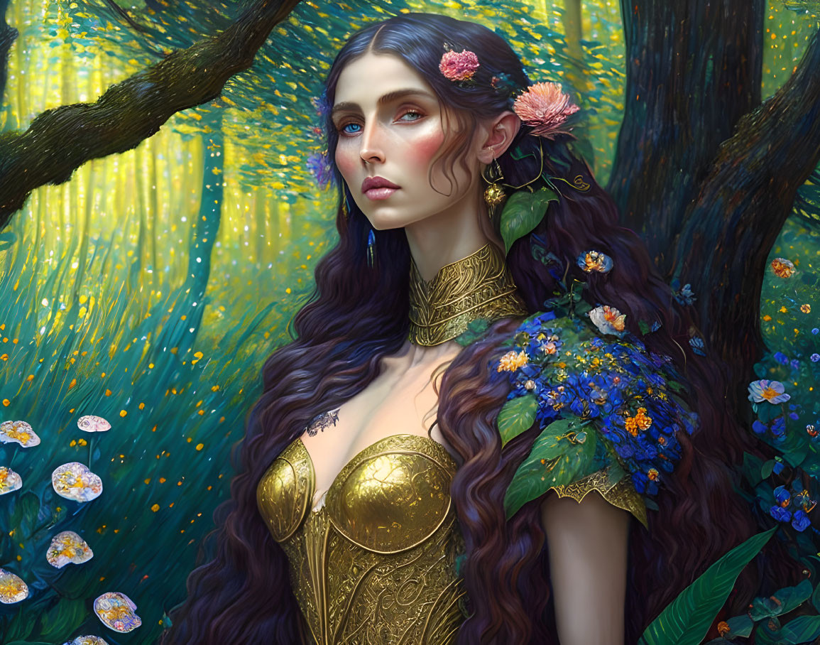 Woman with long wavy hair in golden floral armor amidst vivid forest