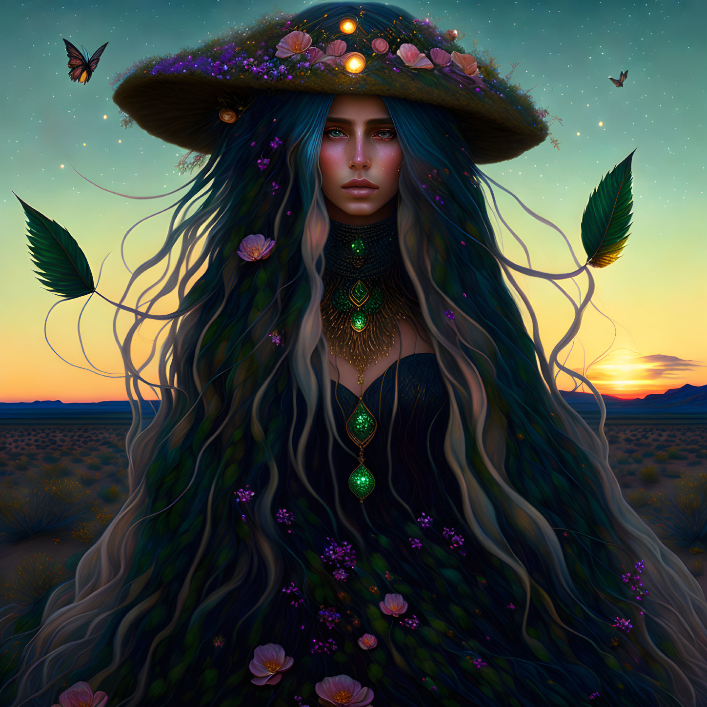 Ethereal woman with long hair, hat, jewelry in twilight desert landscape