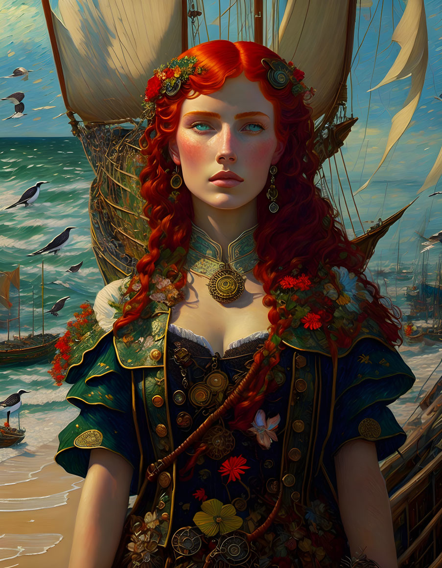 Red-haired woman with ocean jewelry and floral crown in digital painting